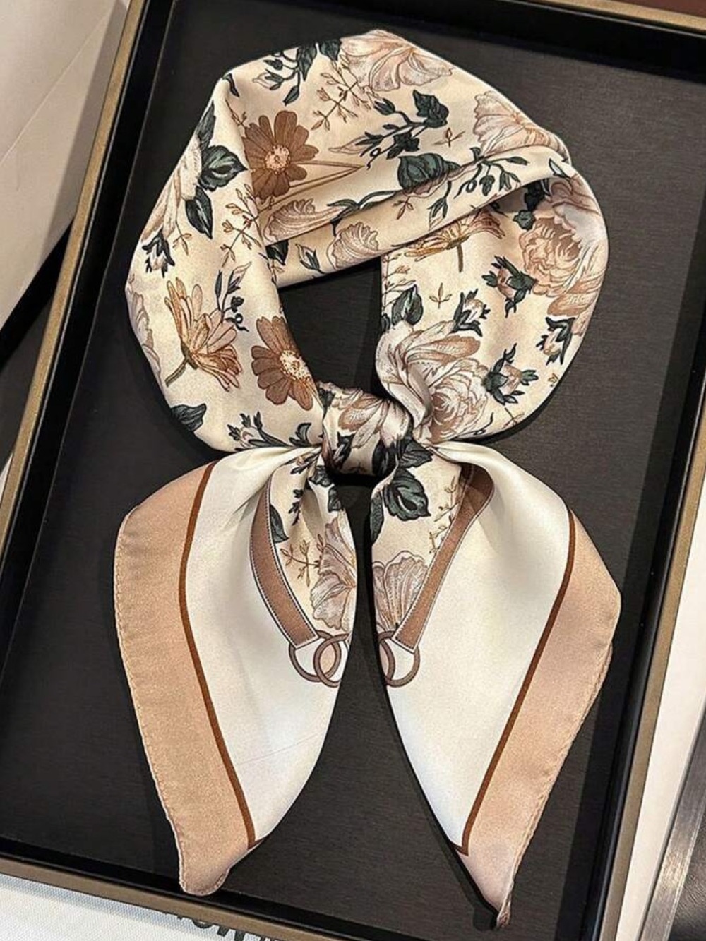 Floral Neck Scarf in Khaki & Cream 27.5”